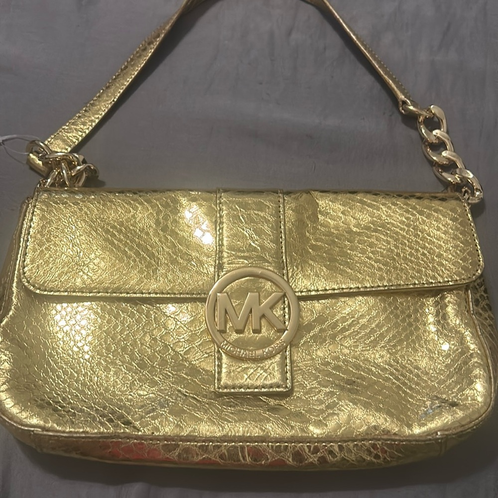 Michael Kors Gold Fulton Sm Flap leather Handbag, reptile pattern